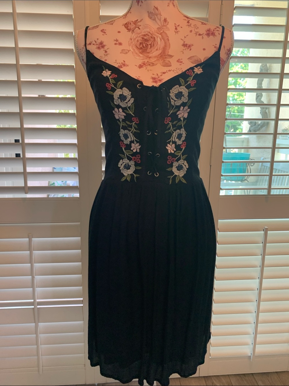 Abercrombie & Fitch Black Spaghetti-Strap Dress with Floral Embroidery